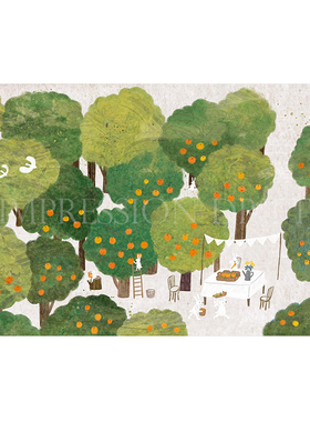 治愈卡通绿色兔子丰收插画装饰画内芯ins自粘油画布装饰画芯海报