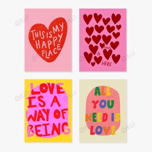 红粉跳色涂鸦少女心ins风插画卧室客餐厅告白装 饰画芯油画布自粘