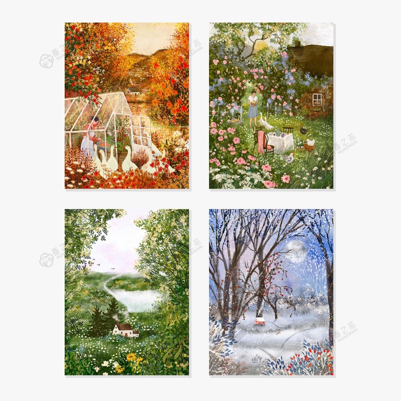 梦幻童话风治愈系花园风景插画卧室客餐厅装饰挂画画芯自粘不含框图片