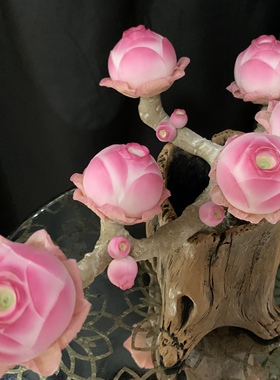 仿真多肉植物粉色山地玫瑰盆栽树脂粘土纯手工花室内客厅装饰摆件