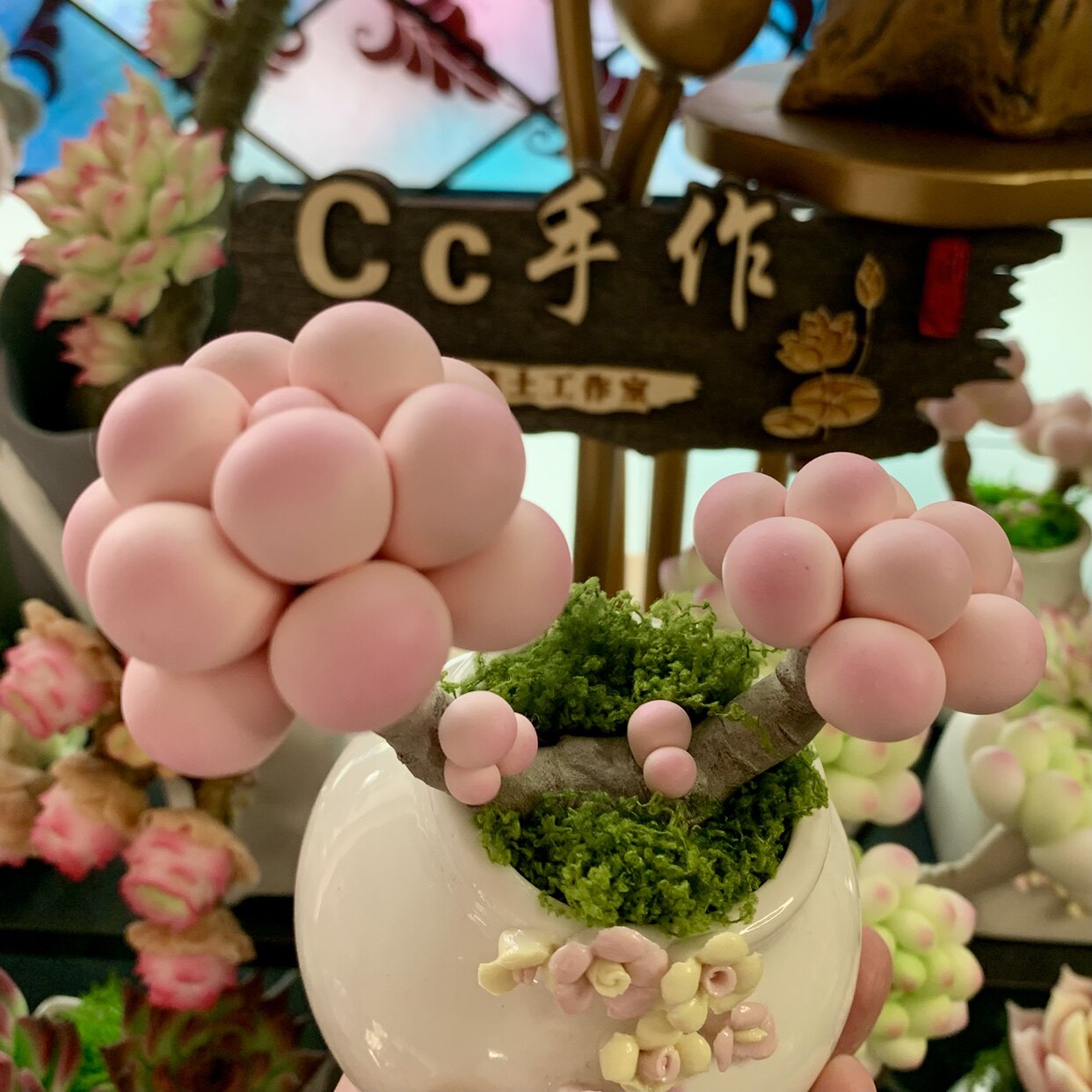 桃蛋粘土手工仿真花圆滚滚假奶酪多肉仿生劳尔摆件永生花盆栽组合