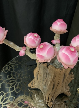 仿真多肉植物粉色山地玫瑰盆栽树脂粘土纯手工花室内客厅装饰摆件
