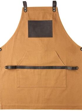 新款复古工作围裙牛皮帆布做旧理发师咖啡师园艺师专用工作服定制