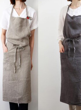 日式围裙舒适韩版围裙亚麻面料日韩国简约时尚艺术工作服可印字