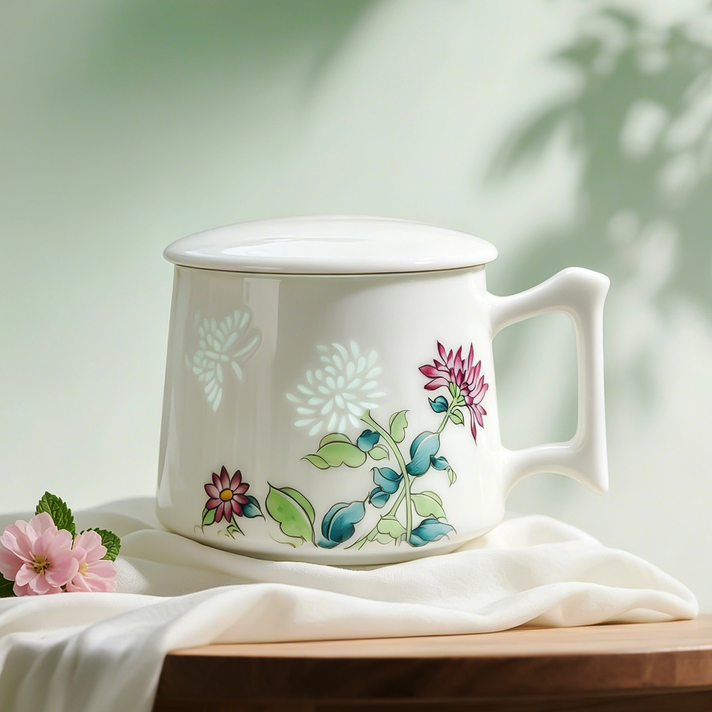 釉下彩陶瓷茶杯带盖2026新款手绘玲珑瓷杯子高颜值花卉彩绘办公杯