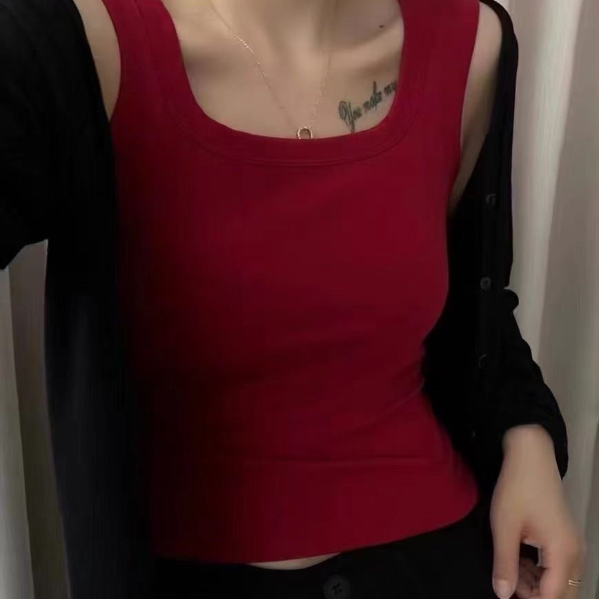 方领宽肩美背背心女带胸垫一体聚拢收副乳防走光打底无袖吊带上衣