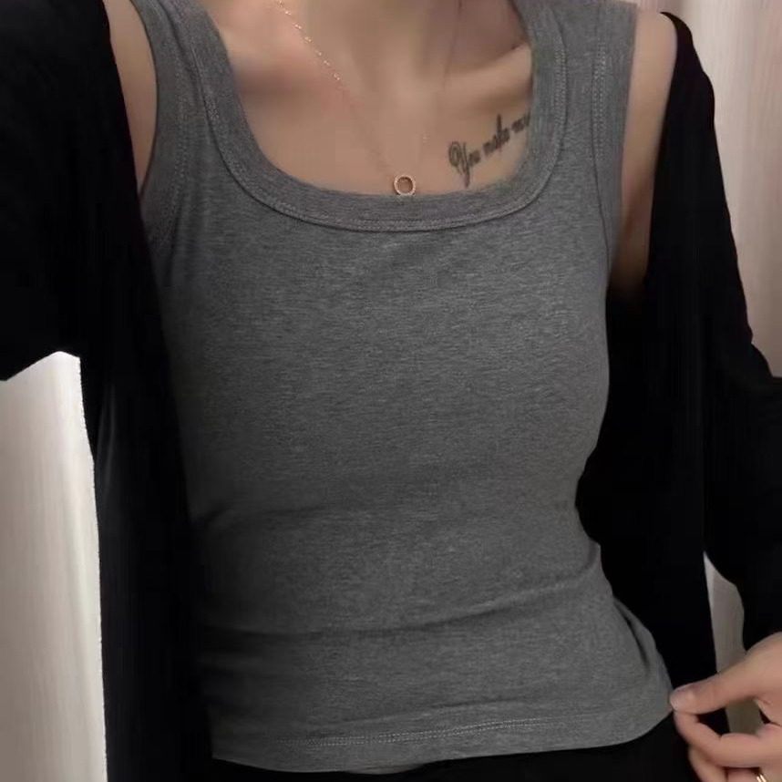 方领长款无袖背心内衣女带胸垫一体文胸收副乳防走光打底吊带上衣