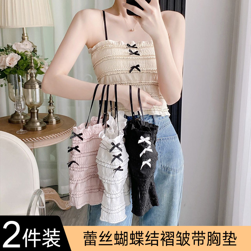 褶皱辣妹蝴蝶结一字吊带背心女带胸垫一体文胸防走光打底抹胸上衣
