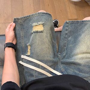 夏季美式高街破洞牛仔短裤男松紧腰宽松直筒做旧五分中裤外穿百搭