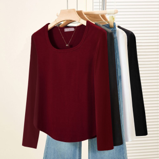 方领百搭螺纹上衣休闲打底衫 春秋冬大码 T恤韩版 胖mm正肩长袖 女装