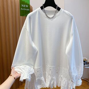 春秋宽松打底衫 300斤蕾丝镂空拼接t恤女长袖 上衣潮 胖mm2 纯棉大码
