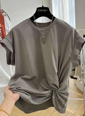 大码胖mm2-300斤设计感纯棉独特褶皱不规则圆领短袖T恤女半袖上衣