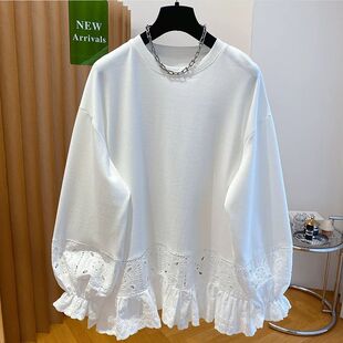 包臀打底衫 纯棉大码 春秋宽松中长款 300斤蕾丝t恤女长袖 上衣 胖mm2