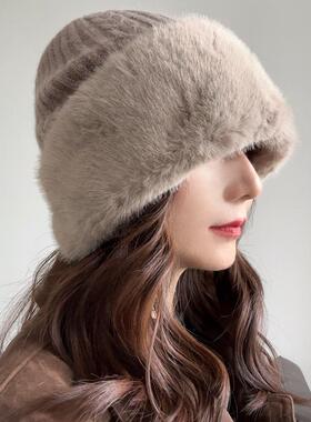兔毛绒针织帽子女2025秋冬双层加厚防风保暖护耳冷帽显脸小毛线帽