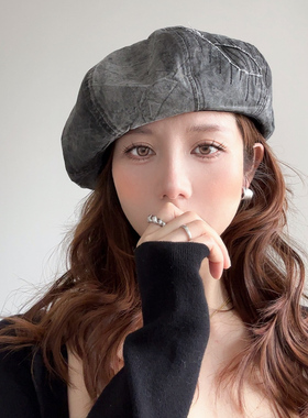 贝雷帽女2025新款韩系复古水洗灰色八角帽显脸小春夏薄款画家帽子