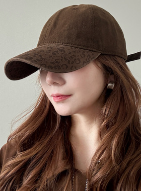 韩系复古豹纹咖啡色棒球帽女大头围显脸小加深宽帽檐软顶鸭舌帽子