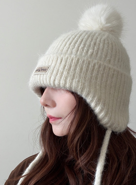 韩系可爱毛球毛线帽子女2025新款冬季保暖护耳显脸小雷锋帽针织帽