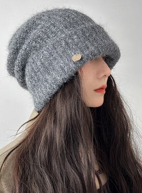 大版马海毛毛线帽女秋冬灰色大头围针织帽子显脸小毛绒堆堆帽冷帽