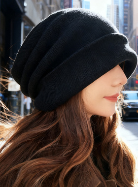 冬季保暖黑色堆堆帽子女2025新款大头围显脸小羊绒针织毛线帽冷帽