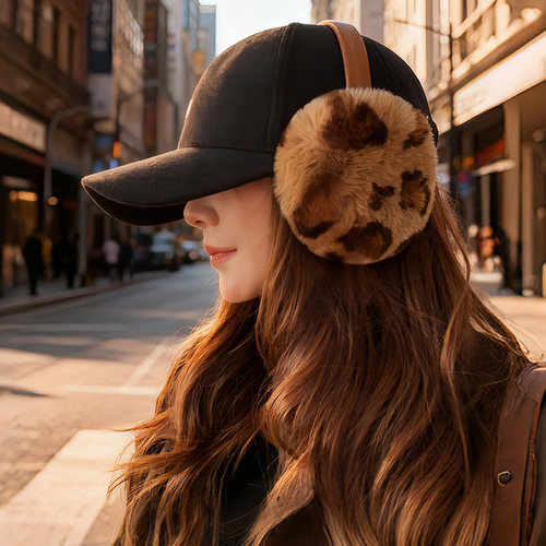 豹纹獭兔绒毛折叠耳罩女冬季保暖