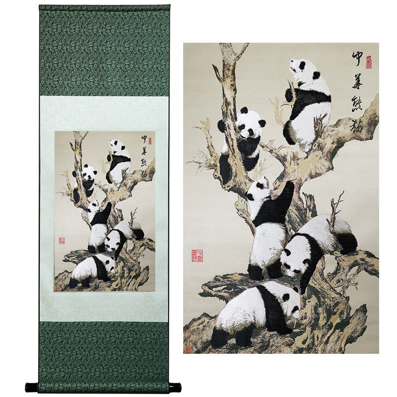 蜀锦中华国宝大熊猫卷轴挂画四川特色手工艺品成都旅游文化纪念品