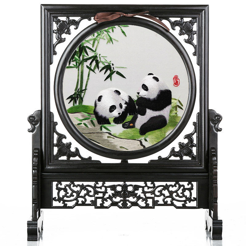 蜀绣檀木手工熊猫屏风摆件