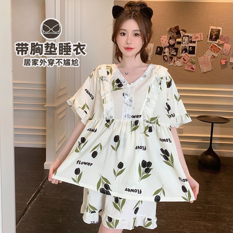 甜美风睡衣女2026年新款夏季带胸垫薄款短袖大码胖MM家居服套装