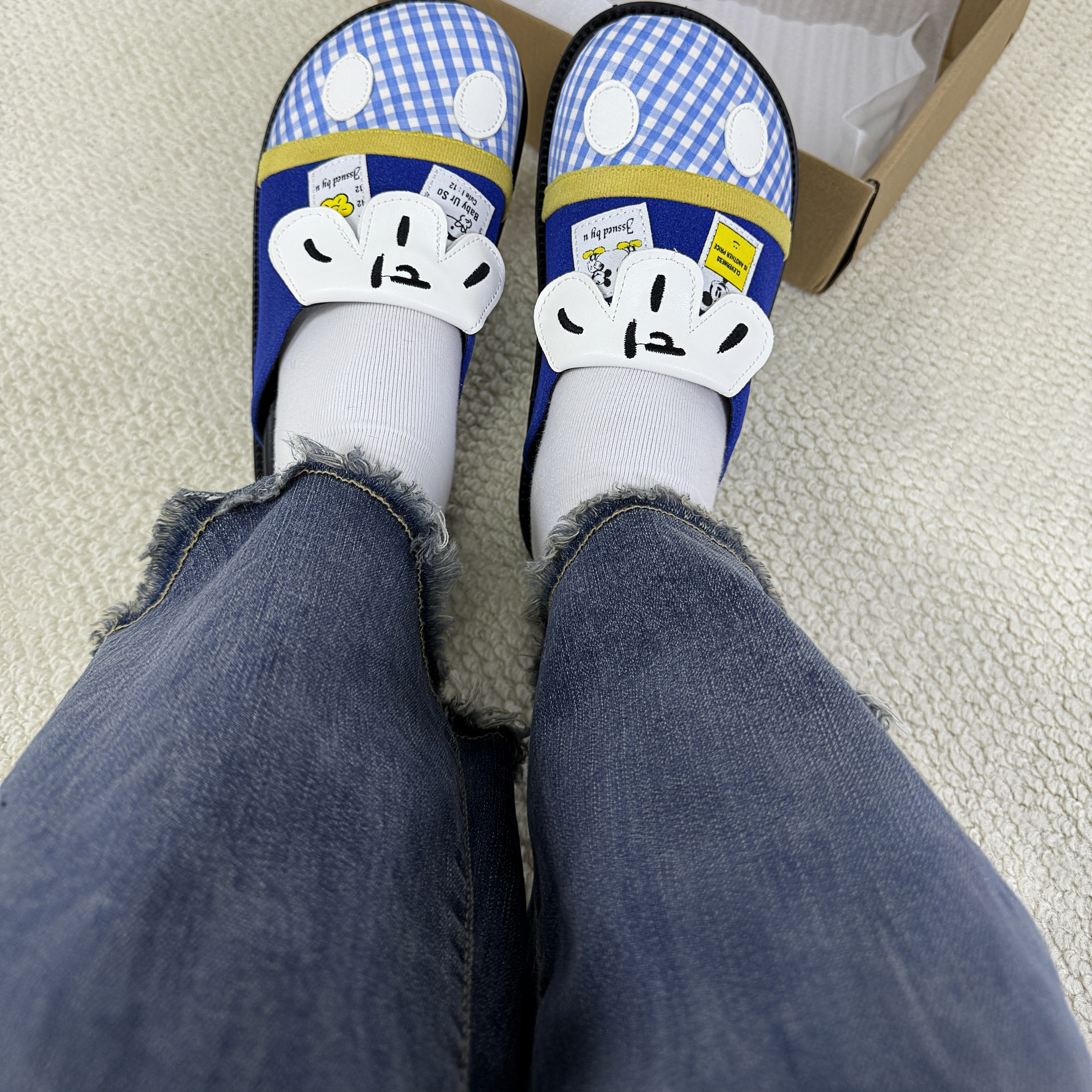 潮酷卡通立体装饰半拖 蓝白格纹撞色厚底鞋 居家外穿舒适休闲拖鞋