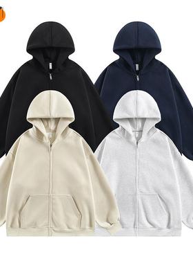 外套美式连冬季男女帽衫卫衣情侣高街拉链重磅复古加绒双开衫潮牌