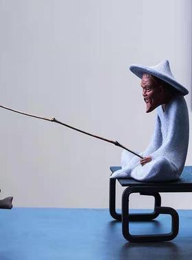 创意陶瓷人物姜太公钓鱼园艺盆景鱼缸造景装饰禅意家居饰品小摆件