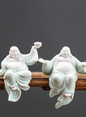 创意手工德化陶瓷招财弥勒佛新中式客厅书房博古架装饰工艺品摆件