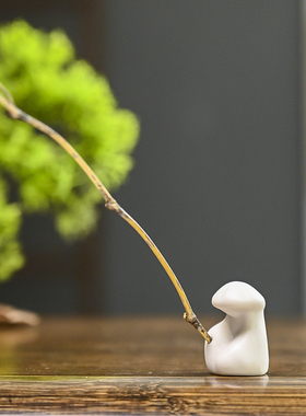 禅意迷你小号微景观造景人物摆件陶瓷姜太公钓鱼翁线香插盆景配件