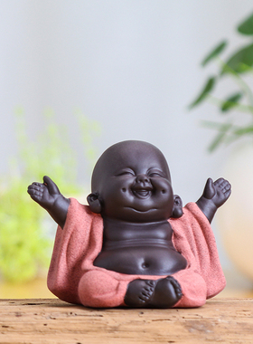 宜兴紫砂弥勒佛茶宠摆件小和尚家居陶瓷可爱笑佛招财盆景鱼缸装饰