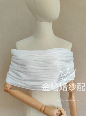 金禧婚纱配饰白色亮丝褶皱抹胸婚纱礼服配饰一字肩新娘礼服柔软