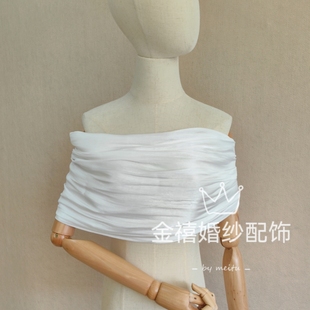 金禧婚纱配饰白色亮丝褶皱抹胸婚纱礼服配饰一字肩新娘礼服柔软