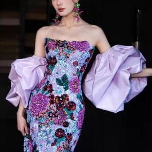 灯笼袖 晨跑主题服配饰新娘旅拍 短款 婚纱礼服配饰紫色缎面泡泡袖