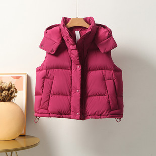 2025新款秋冬季连帽90白鸭绒短款羽绒服马甲女可脱卸帽小个子背心