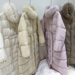 2025新款狐狸毛领中长款双排扣羽绒服女收腰显瘦过膝白鸭绒外套潮