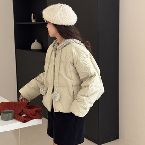 欧洲站针织连帽羽绒服女短款2024秋冬季新款加厚保暖小个子面包服