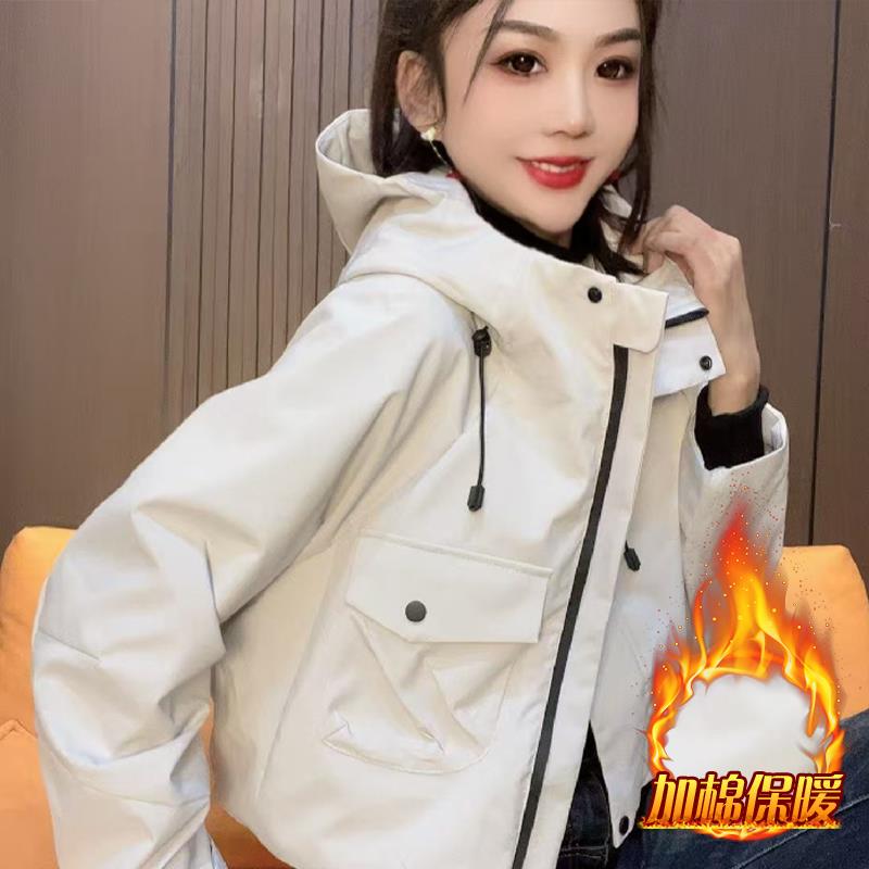 加绒连帽短外套女2025冬季新款宽松百搭棉衣加厚保暖棉袄时尚上衣