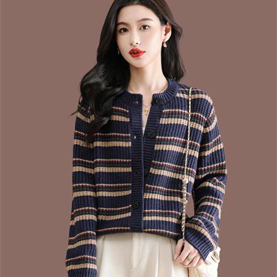 2025春秋新款条纹羊毛针织开衫女外套毛衣韩版宽松披肩加厚上衣