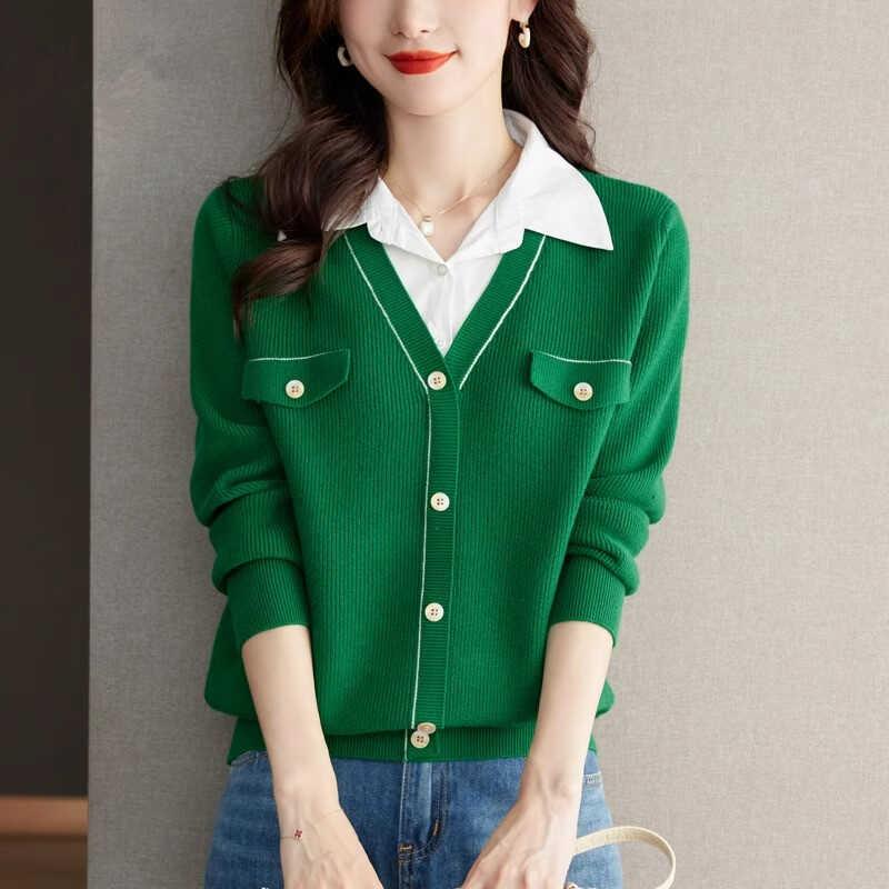 衬衫领假两件毛衣女2025年春秋长袖时尚百搭衬衫领针织打底衫上衣