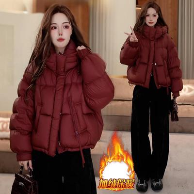 安可拉红夹棉加厚羽绒棉服女士2025秋冬季新款时髦韩系保暖面包服