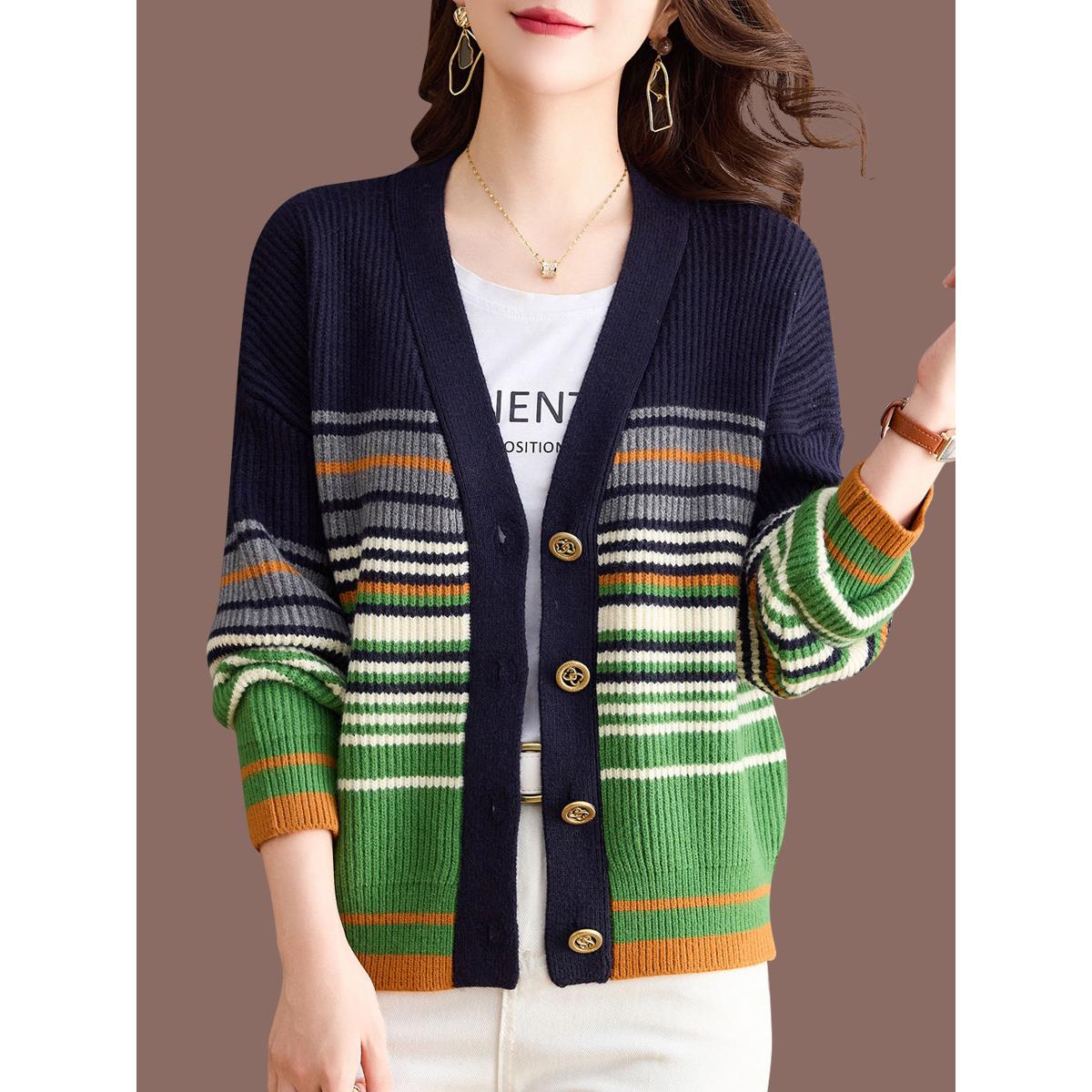 春秋时尚v领条纹羊毛针织开衫2025春秋装新款撞色外搭毛衣短外套