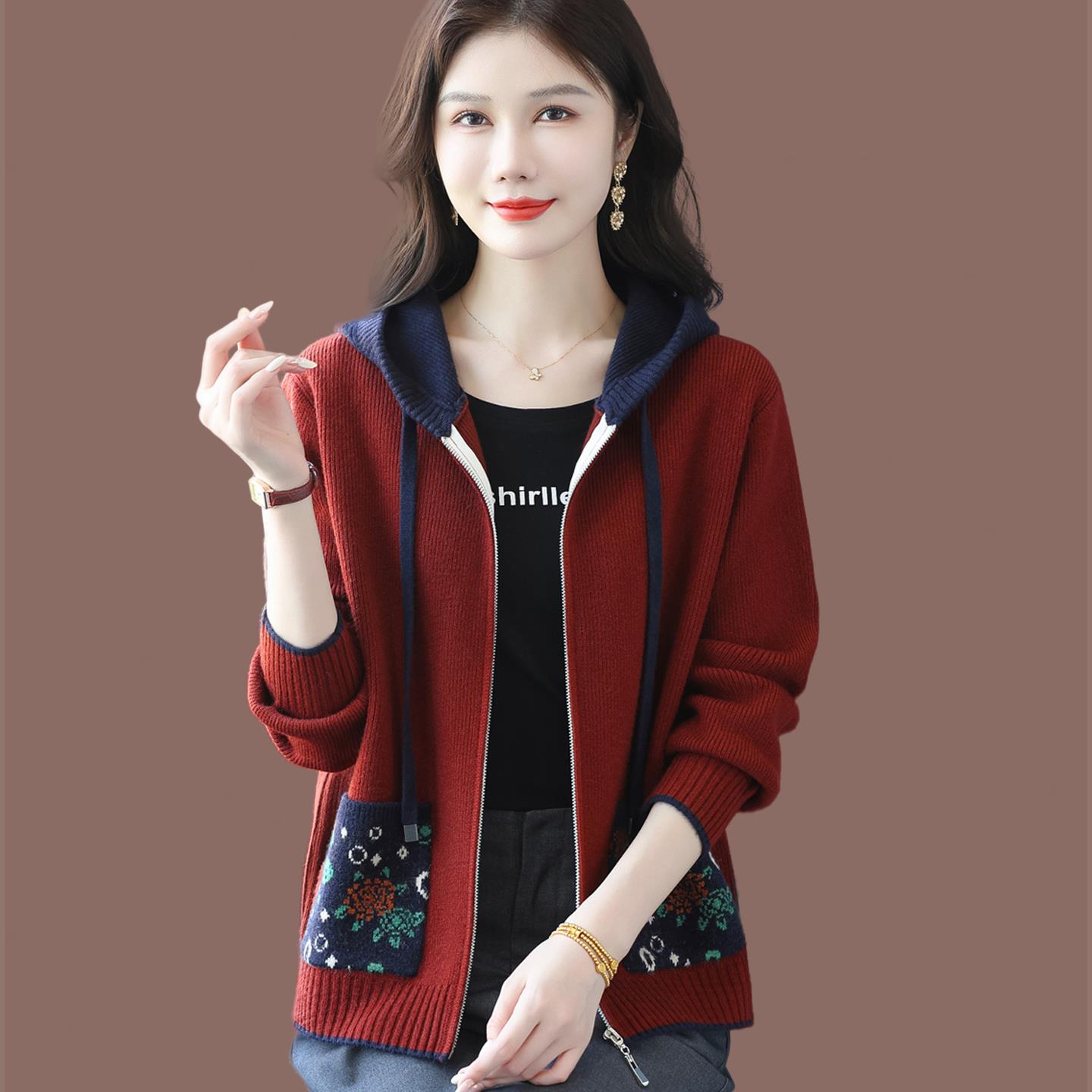 连帽撞色毛衣外套女春秋2025新款时尚外搭带帽休闲羊毛针织开衫