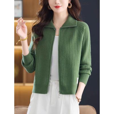 翻领拉炼针织开衫女2025春秋新款宽松百搭小个子短款毛衣时尚外套