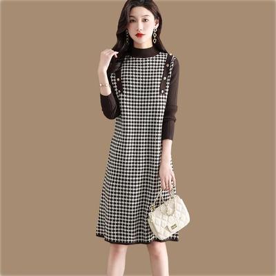 毛衣女秋冬2025新款配大衣毛衣裙格子针织连衣裙打底裙外穿中长款