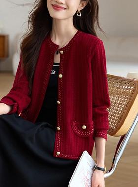 高端红色针织开衫女秋季2025新款高级感时尚气质小个子毛衣外套短