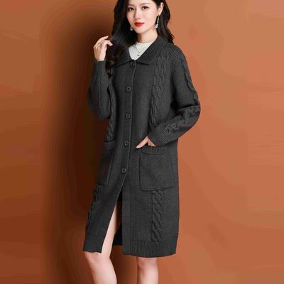 2025新款宽松时尚慵懒风翻领针织开衫女中长款纽扣毛衣外套高级感