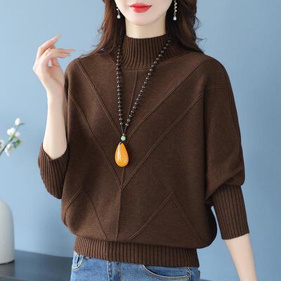 2025秋冬新款半高领女加厚宽松韩版蝙蝠袖内搭羊毛针织衫打底衫